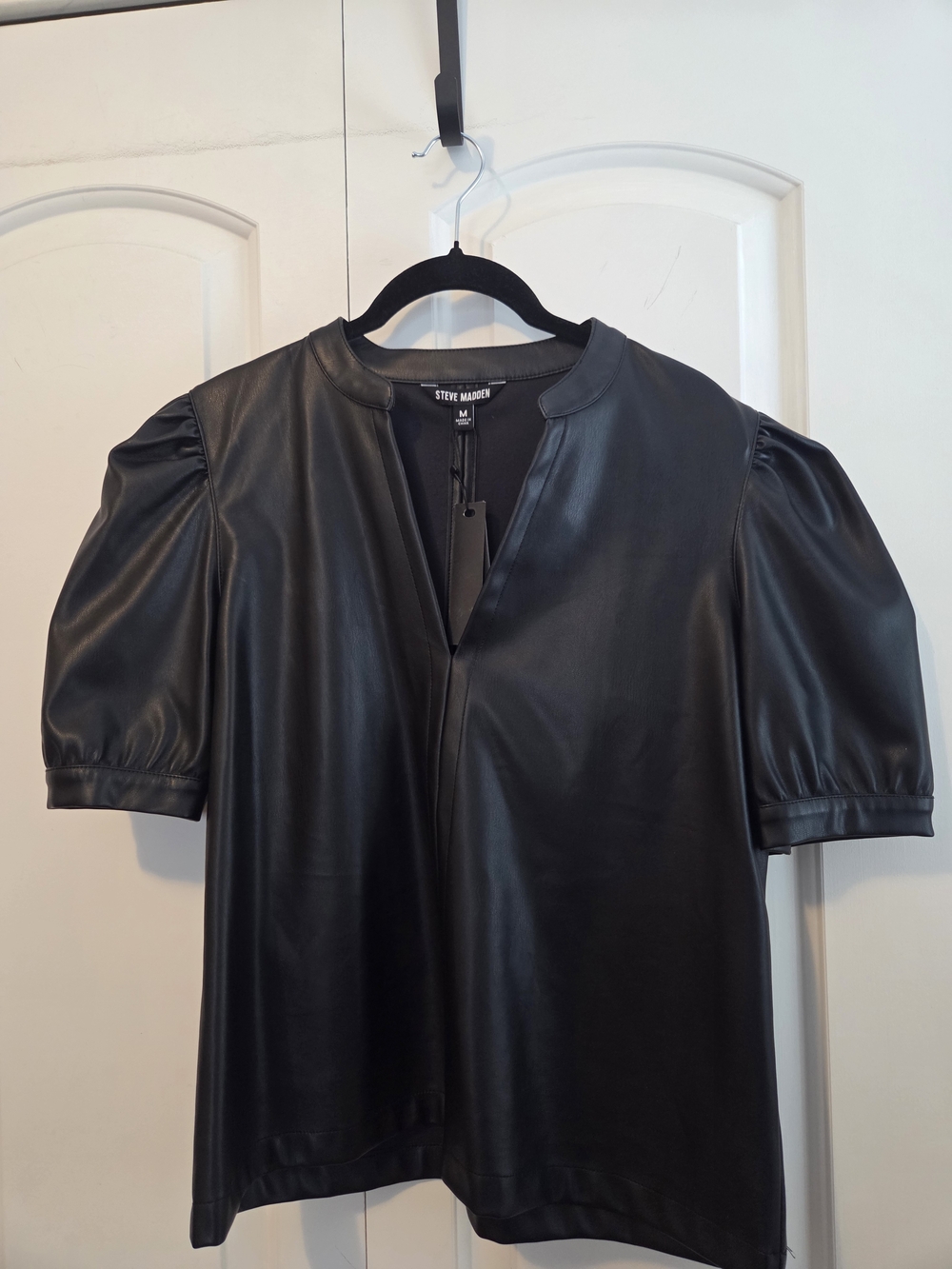 Steve Madden Black Faux Leather Puff Sleeve Blouse